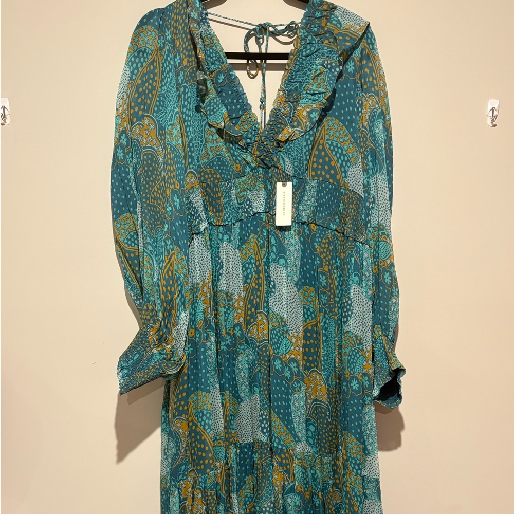 Anthropologie Teal and Mustard Patterned Long Sleeve Maxi Dress